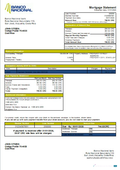 Download Costa Rica Banco Nacional bank mortgage statement scr Photoshop template